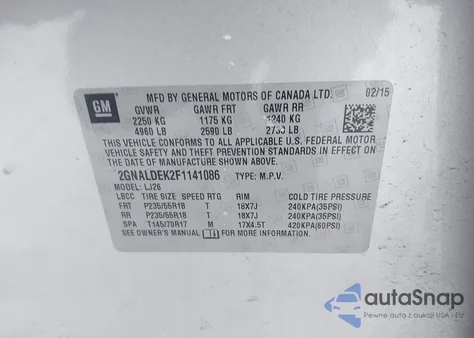 2015 Chevrolet Equinox Ltz z USA, uszkodzony, nr VIN 2GNALDEK2F1141086